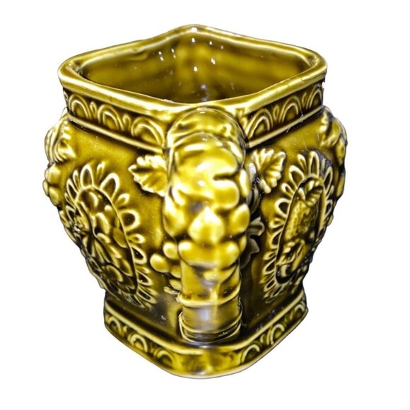 Vintage Embossed Ceramic Japan Pitcher With Fruit Motif & Bamboo Handle Olive Gr - Picture 2 of 6